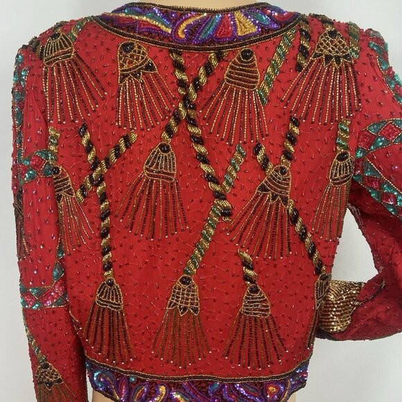 Vintage Laurence Kazar Heavy Beaded Silk Jacket Sz L Formal Tassel Blazer - Picture 9 of 12